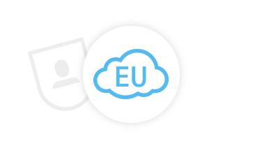 Light blue EU sign standing in a cloud, with user icon in the background 