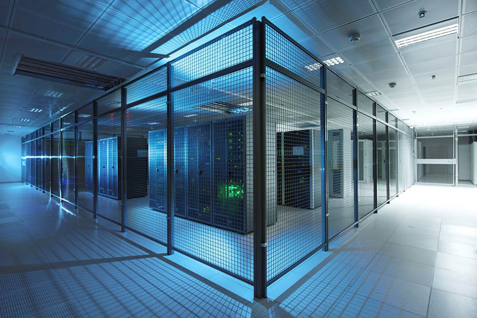 Server cluster in a cage in the data center with blue light