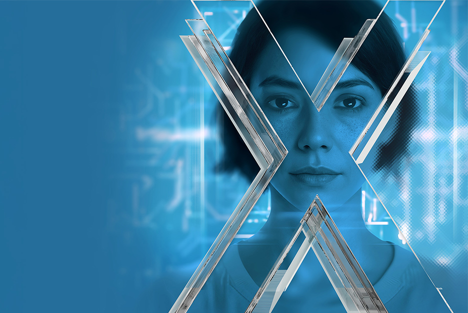 Portrait of a woman with short dark hair, facing forward, blue background, large silver X over her face.