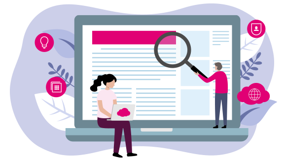 Illustration with a laptop, two people, and various icons