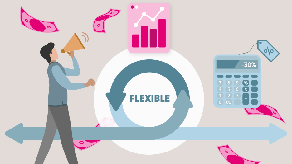 Price reduction opportunities: The new x flavors have arrived Illustration of flexible IT usage with savings potential: man with megaphone, chart, calculator (-30%), and banknotes.