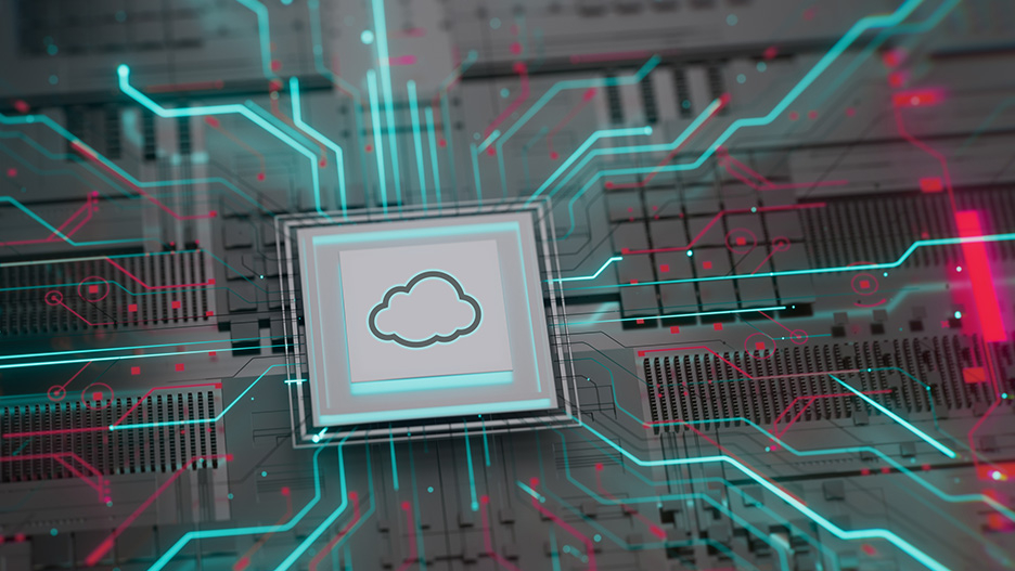 Symbolische Darstellung eines Cloud-Chips auf einer Leiterplatte mit digitalen Datenströmen.