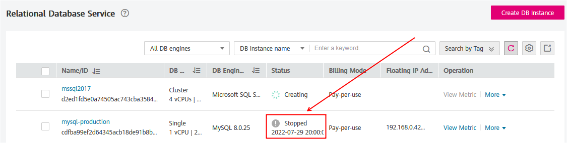 A DB instance has been stopped