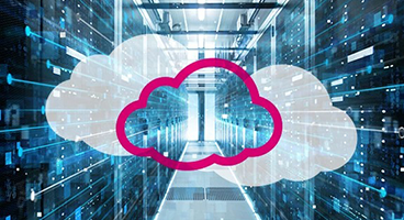 Cloud graphic on a photo of a server room.