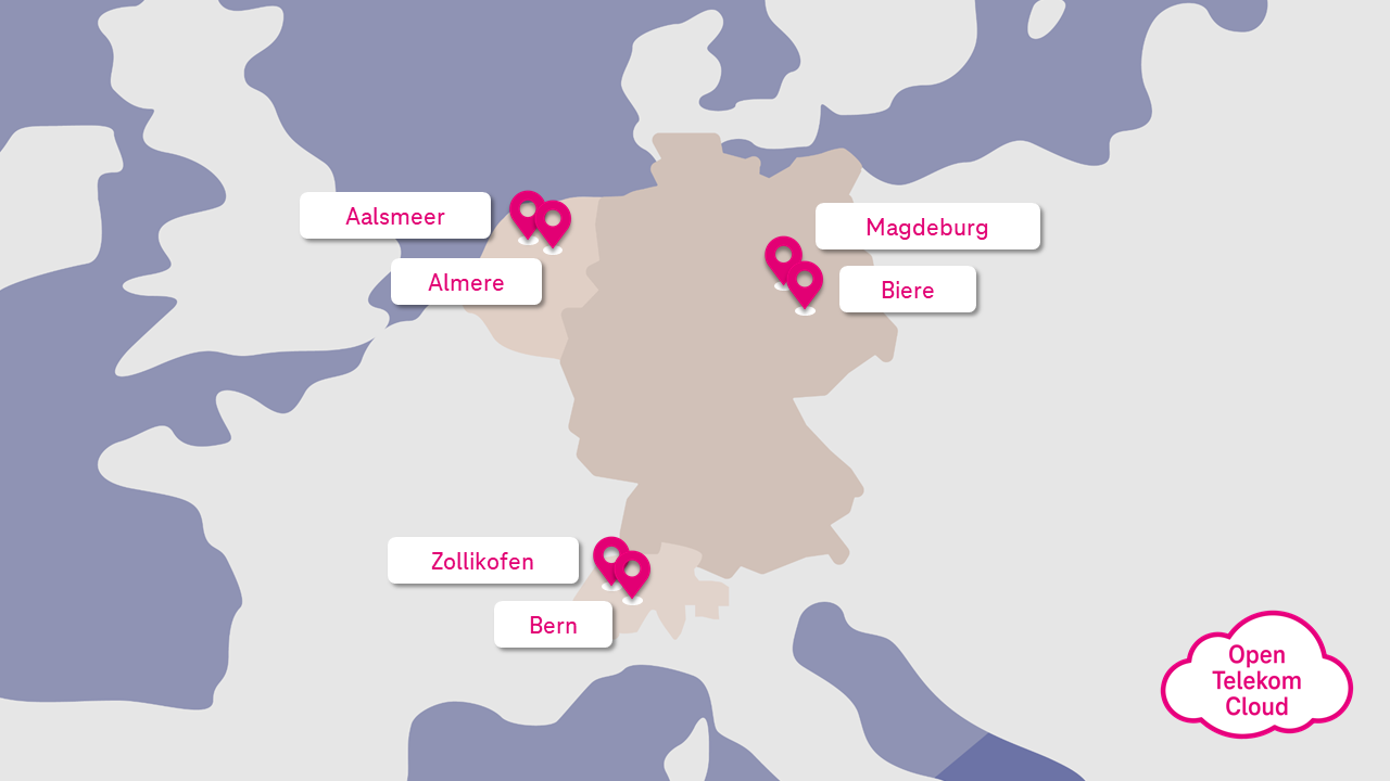 Europakarte mit Standorten der Open Telekom Cloud Rechenzentren in Deutschland, den Niederlanden und der Schweiz