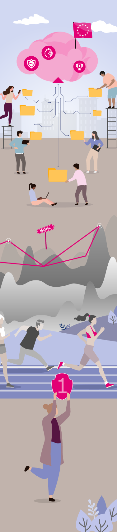 Illustration mit Menschen und Icons an einem ordenerbaum, Läufer auf einer Rennbahn